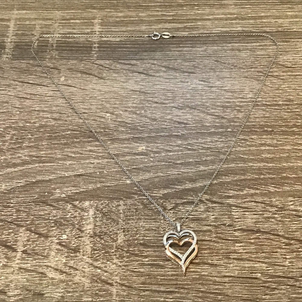 Signed SAI Sterling Silver Two Tone Double Intertwined Hearts Pendant Necklace